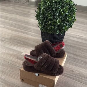 UGG Chocolate Brown Plush Slide Slippers